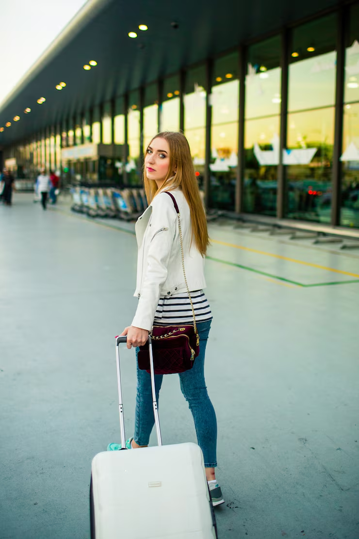 Woman pulling luggage at an airport