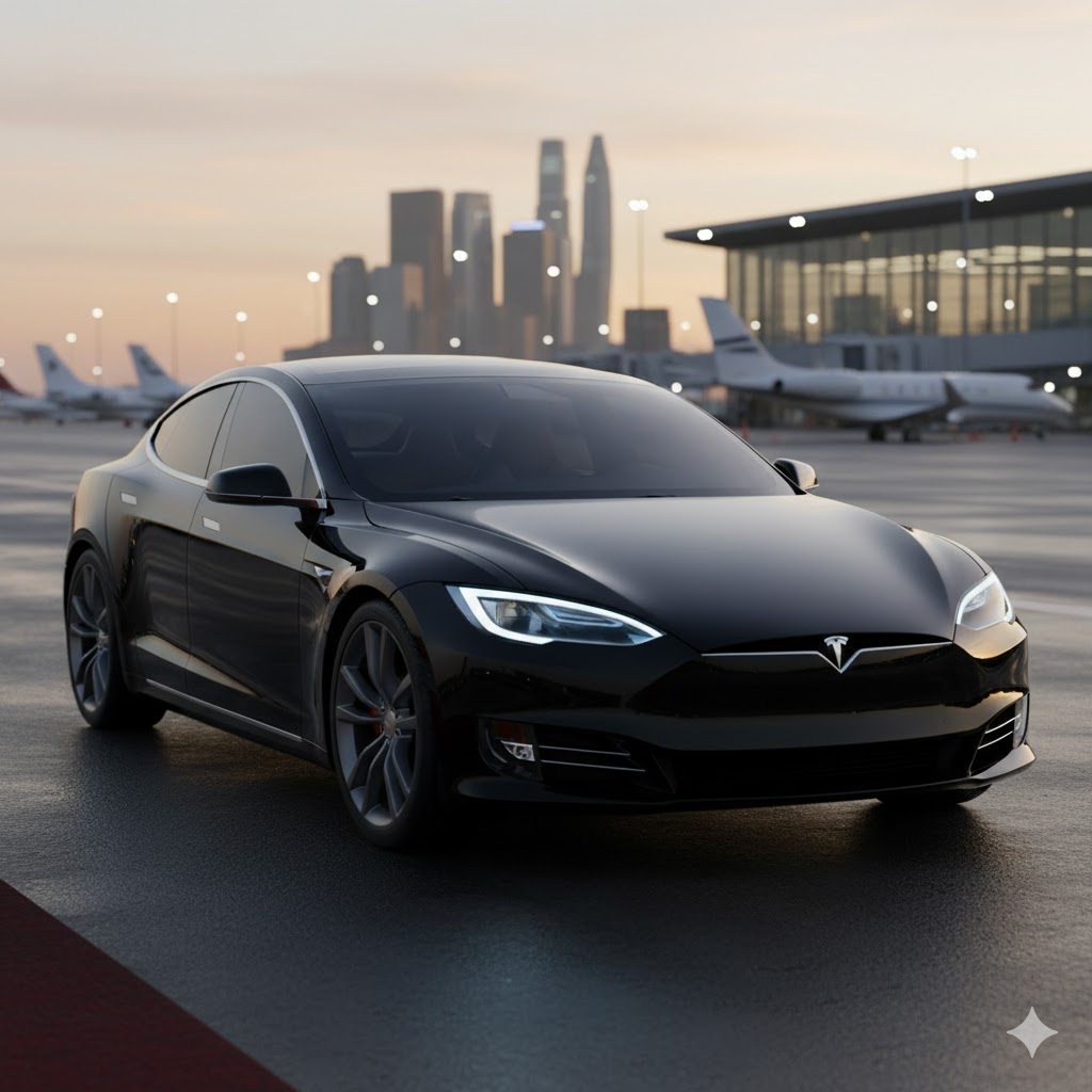 Black luxury car on a tarmac